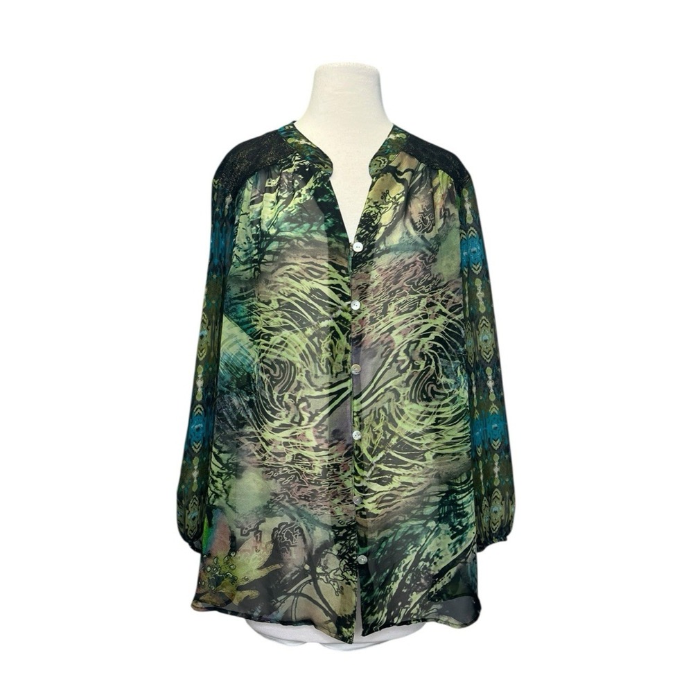 Figueroa & Flower Blouse Womens 2X Sheer Green Lace Abstract Watercolor‎ Boho